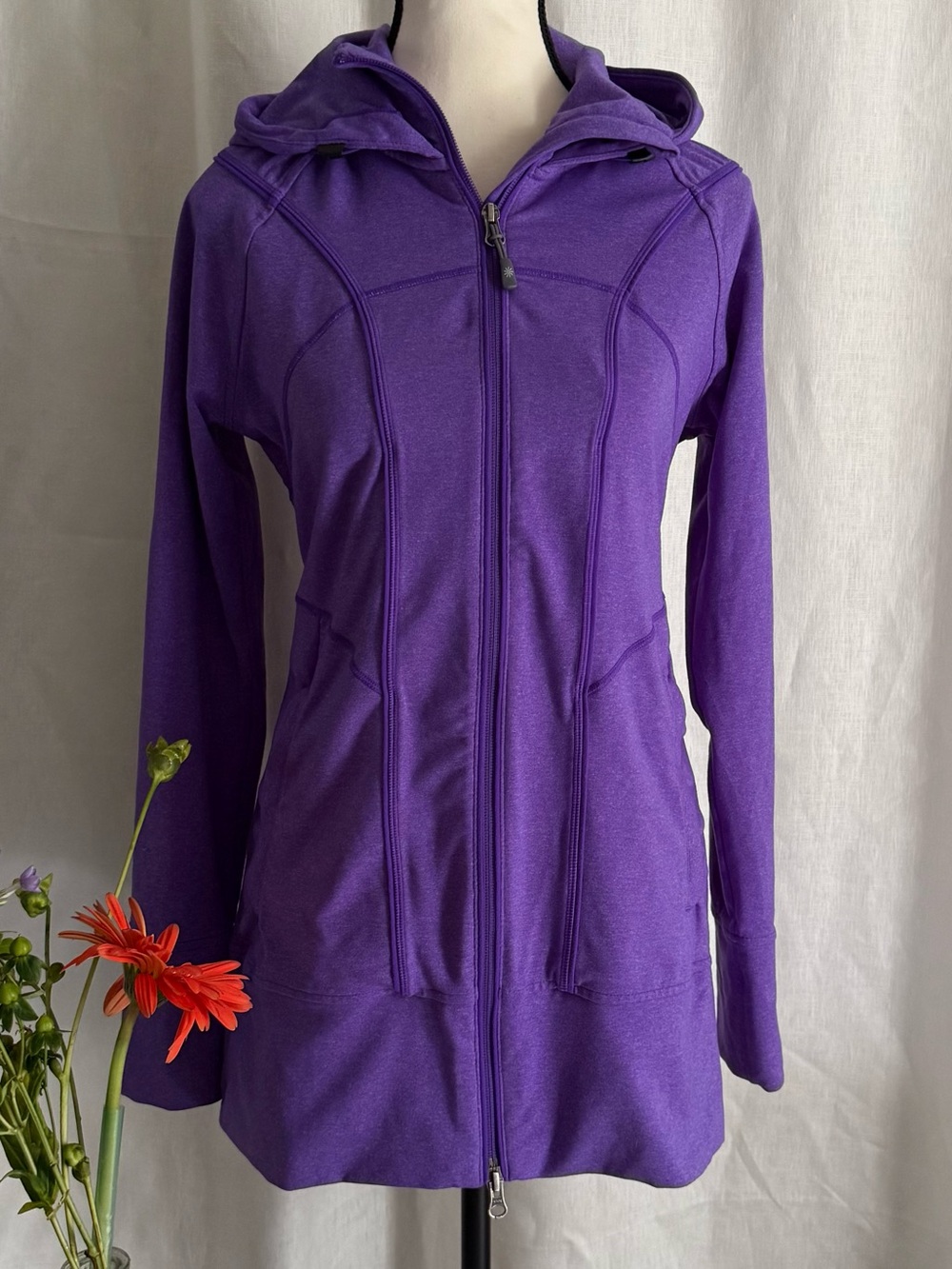 Athleta Rishi Fall Hoodie Jacket S Purple Ruched Longline Yoga Full Zip Moto